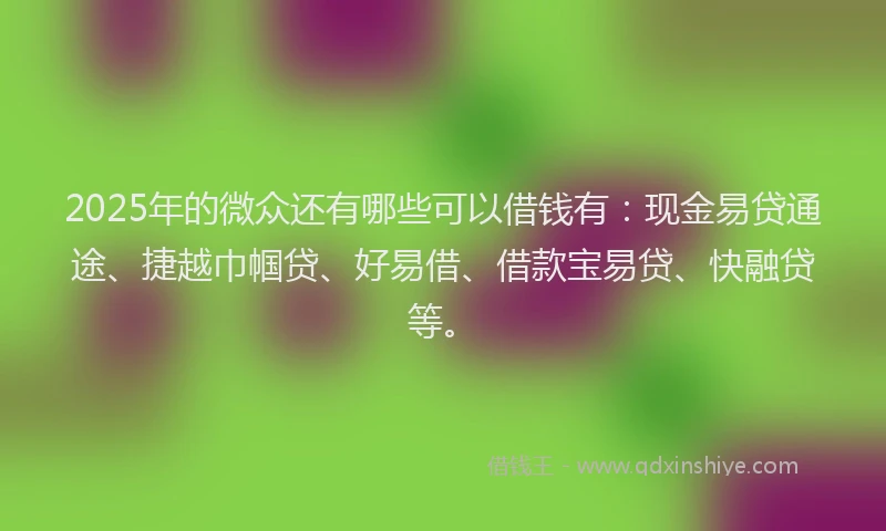 2025年的微众还有哪些可以借钱有：现金易贷通途、捷越巾帼贷、好易借、借款宝易贷、快融贷等。
