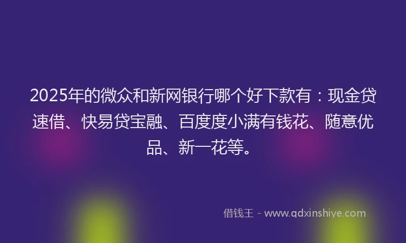 2025年的微众和新网银行哪个好下款有：现金贷速借、快易贷宝融、百度度小满有钱花、随意优品、新一花等。