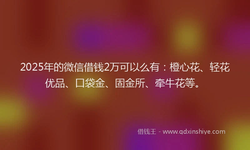 2025年的微信借钱2万可以么有：橙心花、轻花优品、口袋金、固金所、牵牛花等。