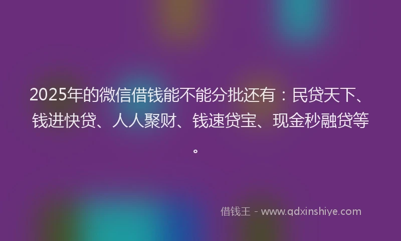 2025年的微信借钱能不能分批还有：民贷天下、钱进快贷、人人聚财、钱速贷宝、现金秒融贷等。