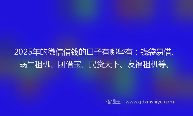 2025年的微信借钱的口子有哪些有：钱袋易借、蜗牛租机、团借宝、民贷天下、友福租机等。