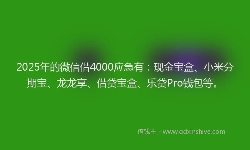 2025年的微信借4000应急有：现金宝盒、小米分期宝、龙龙享、借贷宝盒、乐贷Pro钱包等。