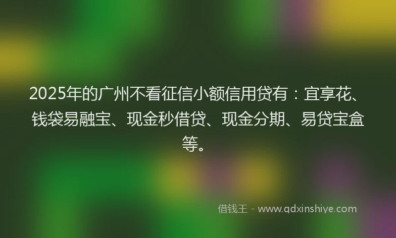 2025年的广州不看征信小额信用贷有：宜享花、钱袋易融宝、现金秒借贷、现金分期、易贷宝盒等。