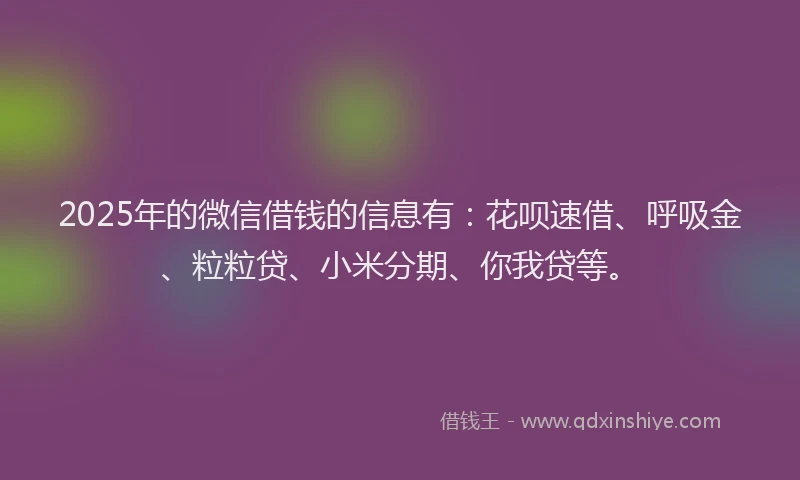 2025年的微信借钱的信息有：花呗速借、呼吸金、粒粒贷、小米分期、你我贷等。