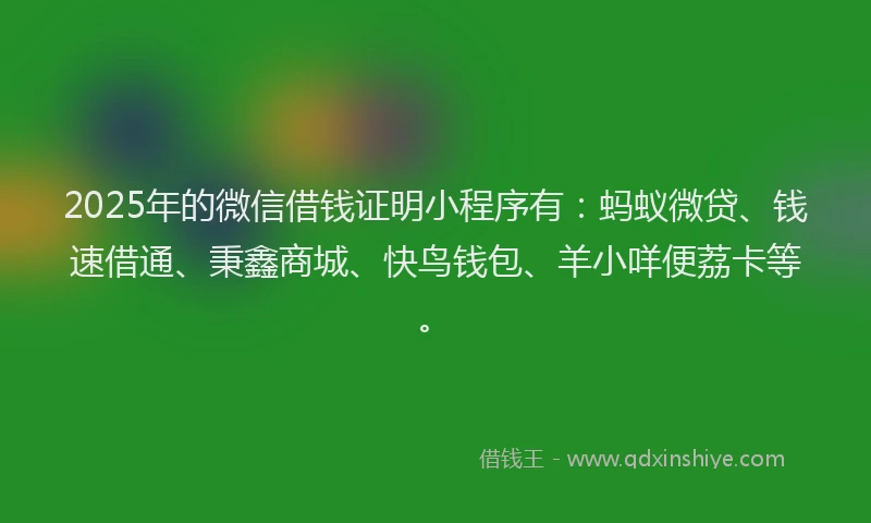 2025年的微信借钱证明小程序有：蚂蚁微贷、钱速借通、秉鑫商城、快鸟钱包、羊小咩便荔卡等。