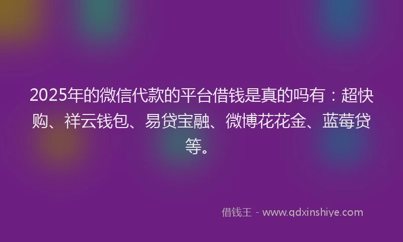 2025年的微信代款的平台借钱是真的吗有：超快购、祥云钱包、易贷宝融、微博花花金、蓝莓贷等。