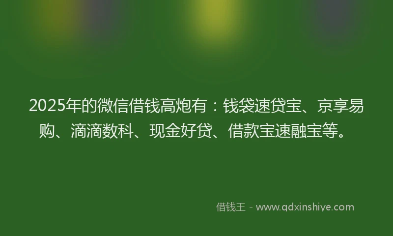 2025年的微信借钱高炮有：钱袋速贷宝、京享易购、滴滴数科、现金好贷、借款宝速融宝等。