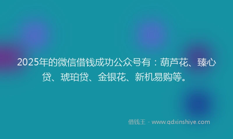 2025年的微信借钱成功公众号有：葫芦花、臻心贷、琥珀贷、金银花、新机易购等。