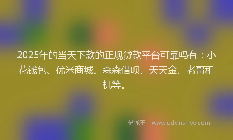 2025年的当天下款的正规贷款平台可靠吗有：小花钱包、优米商城、森森借呗、天天金、老哥租机等。