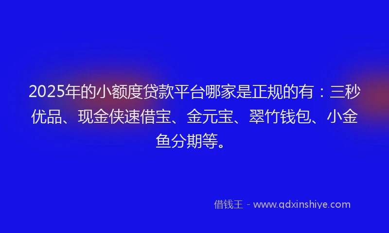 2025年的小额度贷款平台哪家是正规的有：三秒优品、现金侠速借宝、金元宝、翠竹钱包、小金鱼分期等。