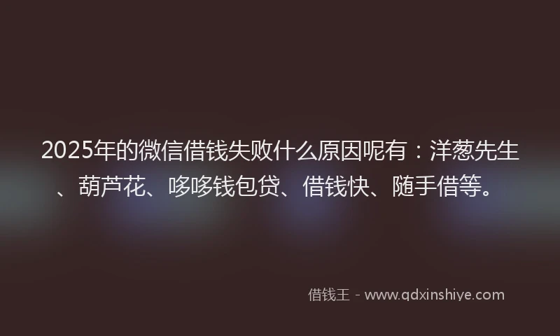 2025年的微信借钱失败什么原因呢有：洋葱先生、葫芦花、哆哆钱包贷、借钱快、随手借等。