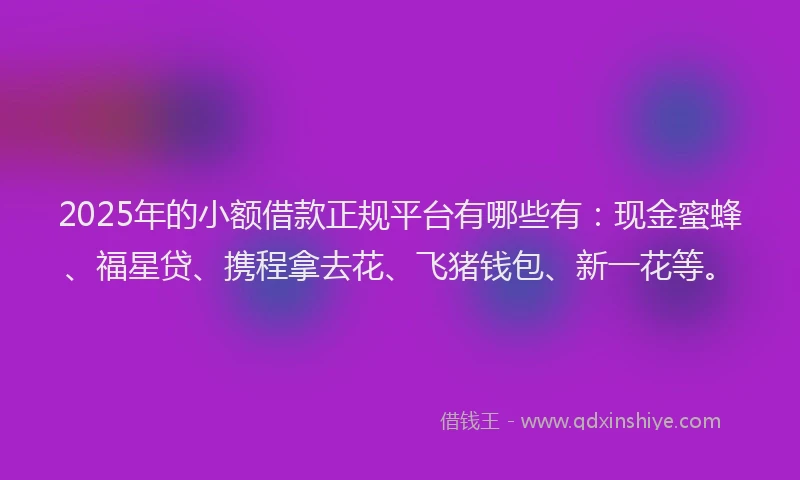 2025年的小额借款正规平台有哪些有：现金蜜蜂、福星贷、携程拿去花、飞猪钱包、新一花等。