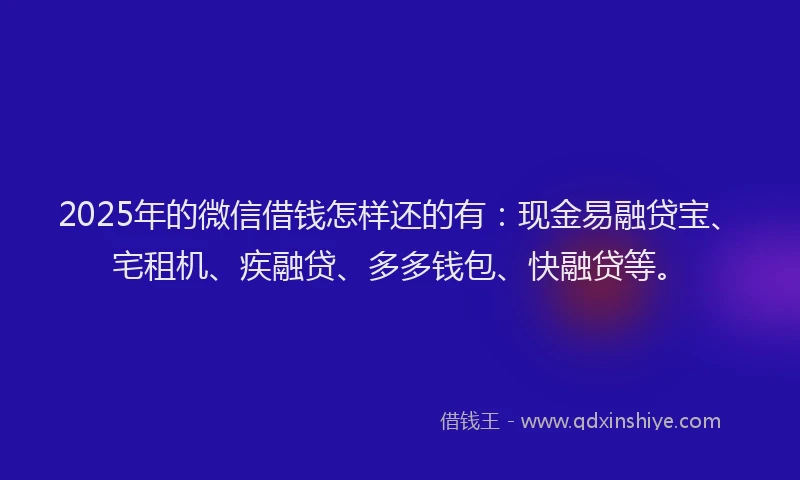 2025年的微信借钱怎样还的有：现金易融贷宝、宅租机、疾融贷、多多钱包、快融贷等。