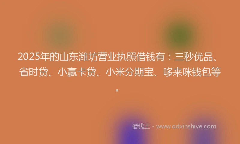2025年的山东潍坊营业执照借钱有：三秒优品、省时贷、小赢卡贷、小米分期宝、哆来咪钱包等。