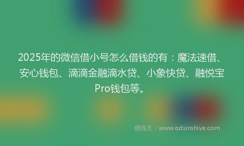 2025年的微信借小号怎么借钱的有：魔法速借、安心钱包、滴滴金融滴水贷、小象快贷、融悦宝Pro钱包等。