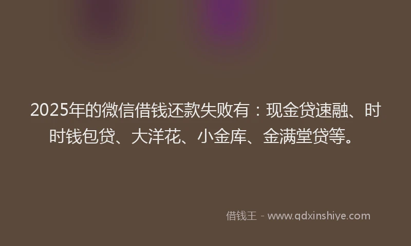 2025年的微信借钱还款失败有：现金贷速融、时时钱包贷、大洋花、小金库、金满堂贷等。