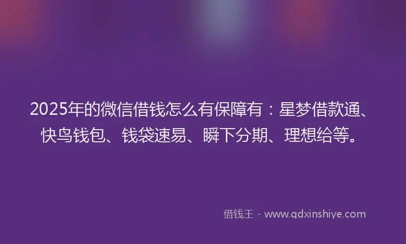 2025年的微信借钱怎么有保障有：星梦借款通、快鸟钱包、钱袋速易、瞬下分期、理想给等。