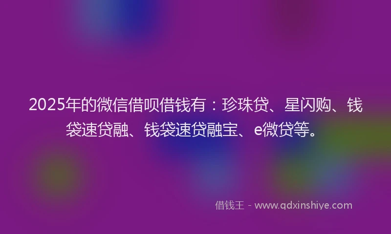 2025年的微信借呗借钱有：珍珠贷、星闪购、钱袋速贷融、钱袋速贷融宝、e微贷等。