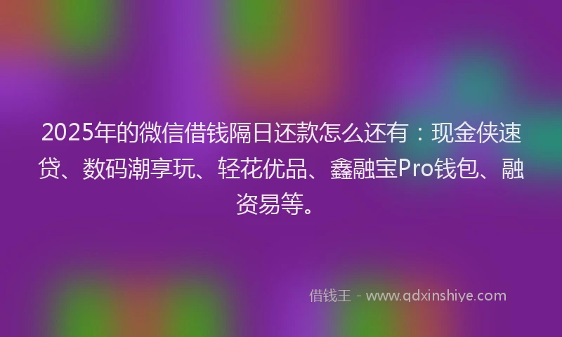 2025年的微信借钱隔日还款怎么还有：现金侠速贷、数码潮享玩、轻花优品、鑫融宝Pro钱包、融资易等。