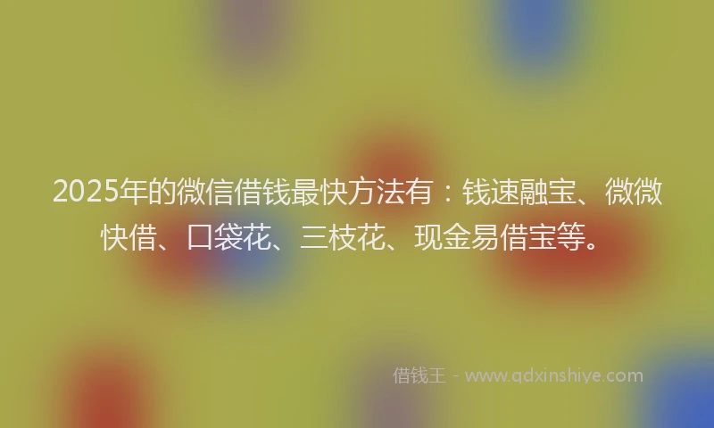 2025年的微信借钱最快方法有：钱速融宝、微微快借、口袋花、三枝花、现金易借宝等。