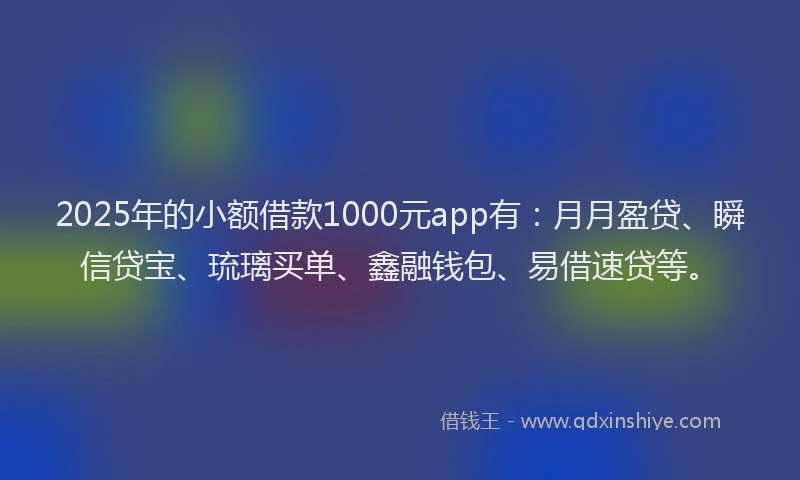 2025年的小额借款1000元app有：月月盈贷、瞬信贷宝、琉璃买单、鑫融钱包、易借速贷等。
