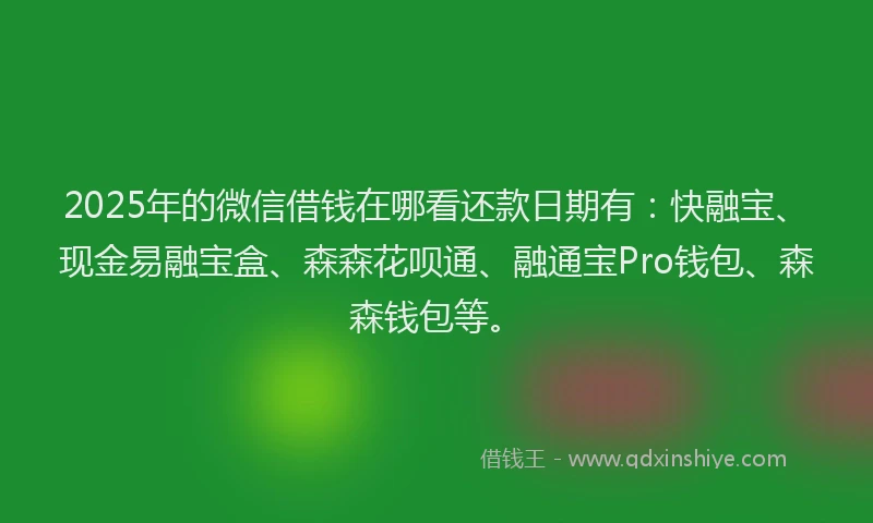 2025年的微信借钱在哪看还款日期有：快融宝、现金易融宝盒、森森花呗通、融通宝Pro钱包、森森钱包等。
