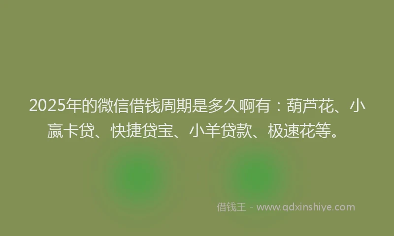 2025年的微信借钱周期是多久啊有：葫芦花、小赢卡贷、快捷贷宝、小羊贷款、极速花等。