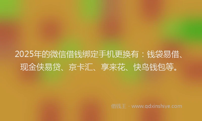 2025年的微信借钱绑定手机更换有：钱袋易借、现金侠易贷、京卡汇、享来花、快鸟钱包等。