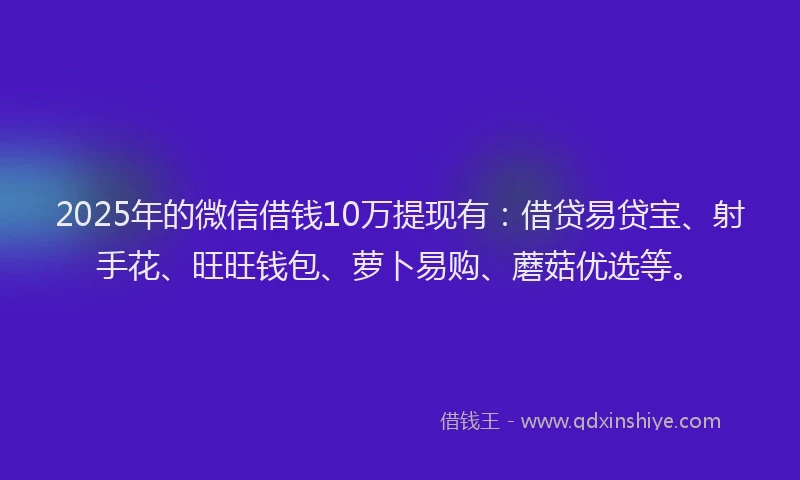 2025年的微信借钱10万提现有：借贷易贷宝、射手花、旺旺钱包、萝卜易购、蘑菇优选等。