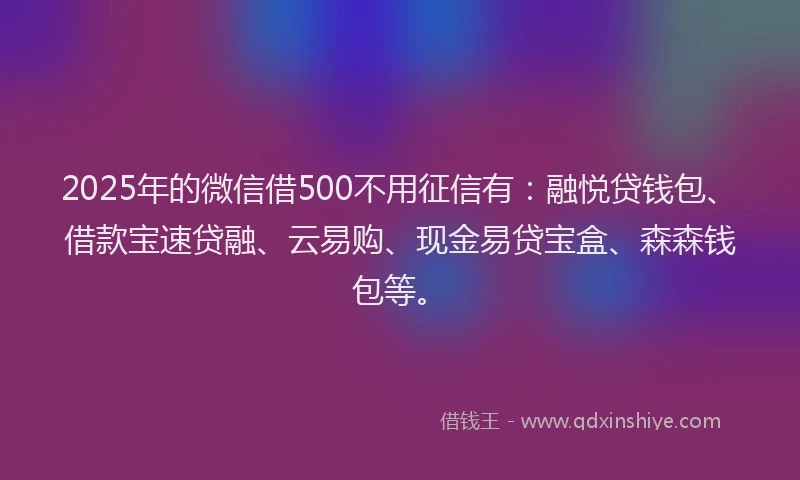 2025年的微信借500不用征信有：融悦贷钱包、借款宝速贷融、云易购、现金易贷宝盒、森森钱包等。