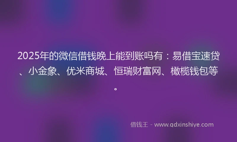 2025年的微信借钱晚上能到账吗有：易借宝速贷、小金象、优米商城、恒瑞财富网、橄榄钱包等。