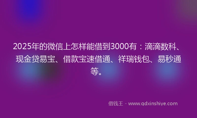 2025年的微信上怎样能借到3000有：滴滴数科、现金贷易宝、借款宝速借通、祥瑞钱包、易秒通等。