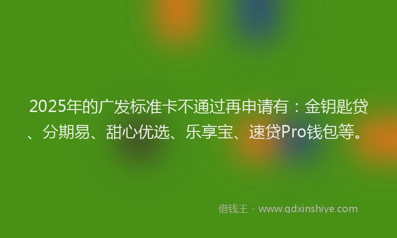 2025年的广发标准卡不通过再申请有：金钥匙贷、分期易、甜心优选、乐享宝、速贷Pro钱包等。