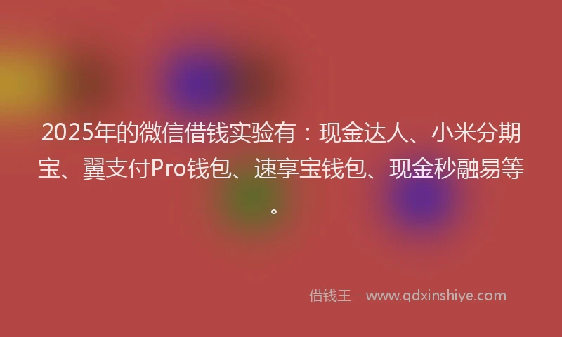 2025年的微信借钱实验有：现金达人、小米分期宝、翼支付Pro钱包、速享宝钱包、现金秒融易等。