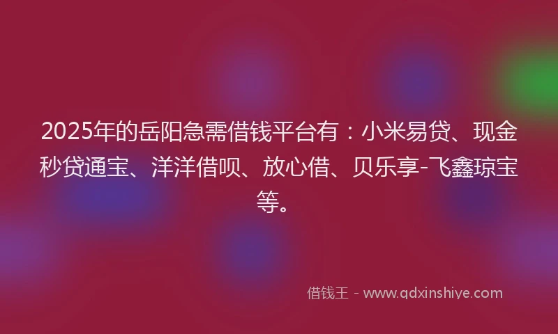 2025年的岳阳急需借钱平台有：小米易贷、现金秒贷通宝、洋洋借呗、放心借、贝乐享-飞鑫琼宝等。