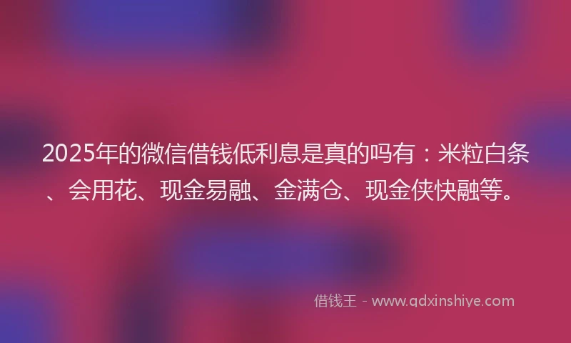 2025年的微信借钱低利息是真的吗有：米粒白条、会用花、现金易融、金满仓、现金侠快融等。