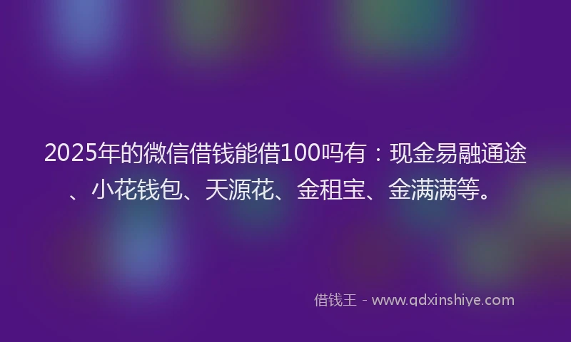 2025年的微信借钱能借100吗有：现金易融通途、小花钱包、天源花、金租宝、金满满等。