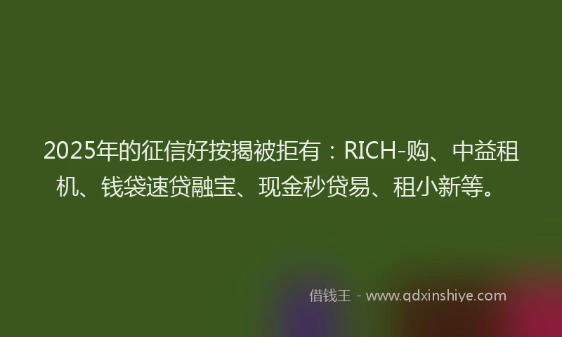 2025年的征信好按揭被拒有：RICH-购、中益租机、钱袋速贷融宝、现金秒贷易、租小新等。