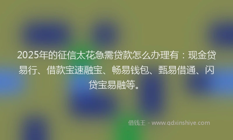 2025年的征信太花急需贷款怎么办理有：现金贷易行、借款宝速融宝、畅易钱包、甄易借通、闪贷宝易融等。