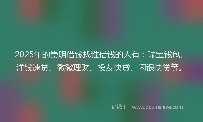2025年的崇明借钱找谁借钱的人有：瑞宝钱包、洋钱速贷、微微理财、投友快贷、闪银快贷等。