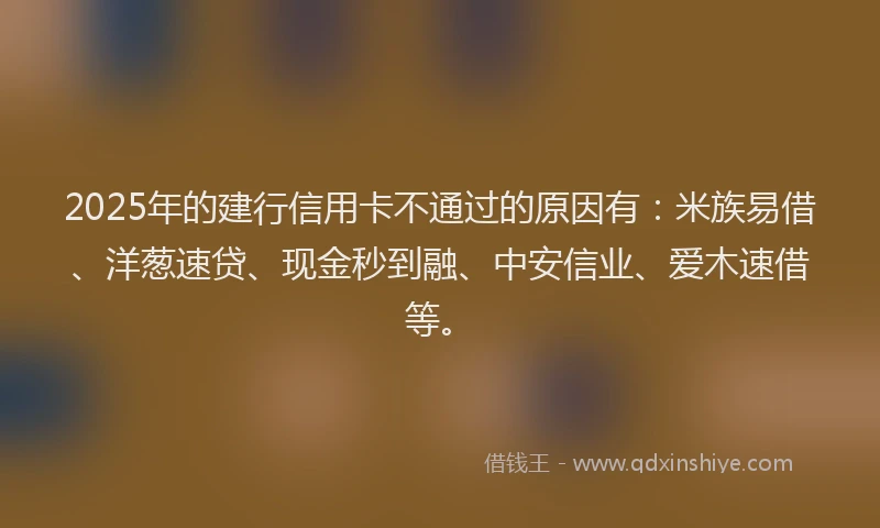 2025年的建行信用卡不通过的原因有：米族易借、洋葱速贷、现金秒到融、中安信业、爱木速借等。