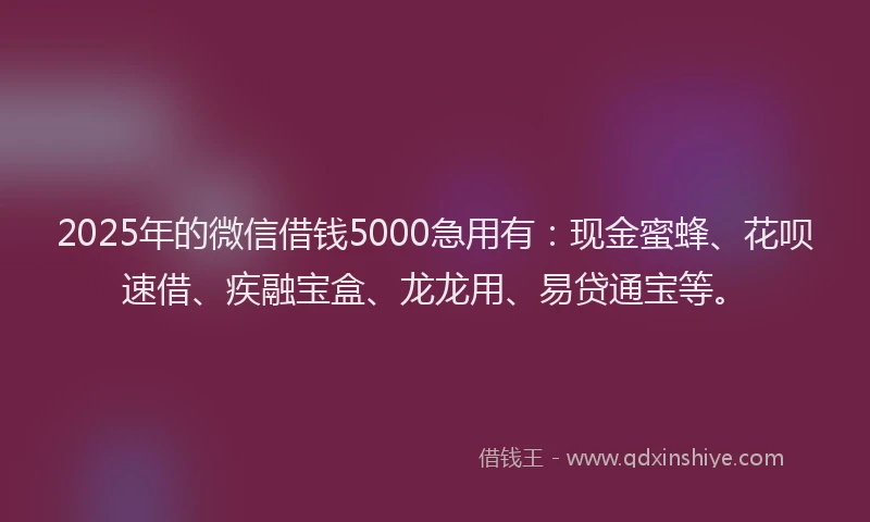 2025年的微信借钱5000急用有：现金蜜蜂、花呗速借、疾融宝盒、龙龙用、易贷通宝等。