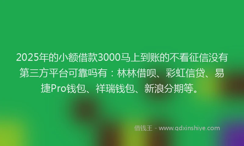 2025年的小额借款3000马上到账的不看征信没有第三方平台可靠吗有：林林借呗、彩虹信贷、易捷Pro钱包、祥瑞钱包、新浪分期等。