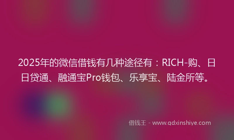 2025年的微信借钱有几种途径有：RICH-购、日日贷通、融通宝Pro钱包、乐享宝、陆金所等。