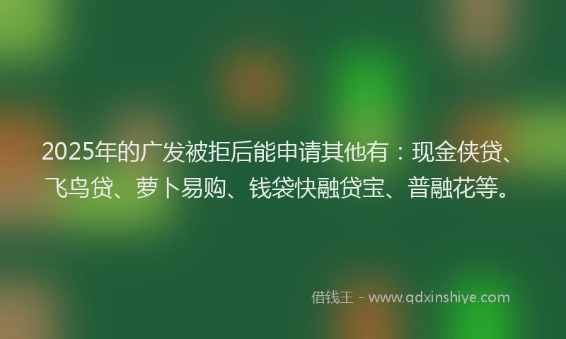 2025年的广发被拒后能申请其他有：现金侠贷、飞鸟贷、萝卜易购、钱袋快融贷宝、普融花等。