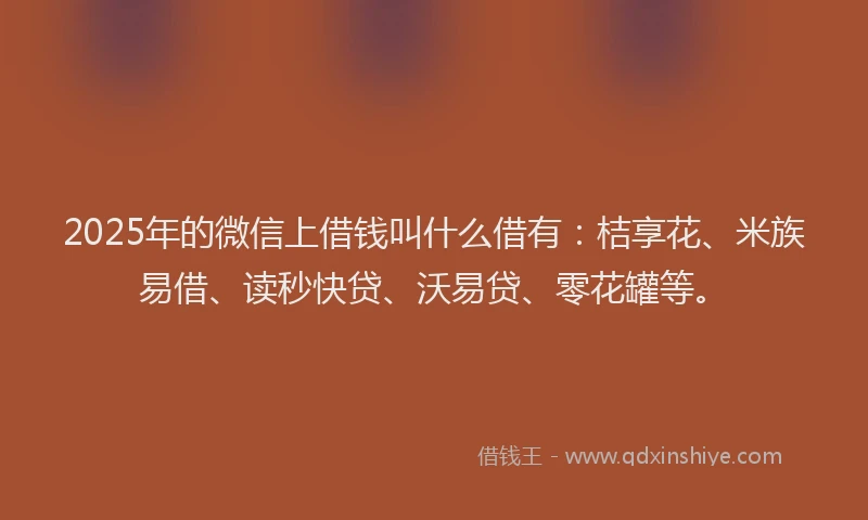 2025年的微信上借钱叫什么借有：桔享花、米族易借、读秒快贷、沃易贷、零花罐等。