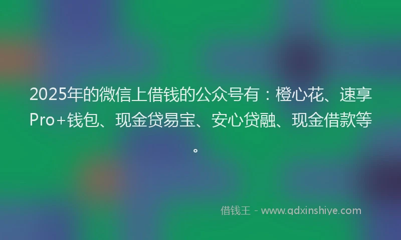 2025年的微信上借钱的公众号有：橙心花、速享Pro+钱包、现金贷易宝、安心贷融、现金借款等。