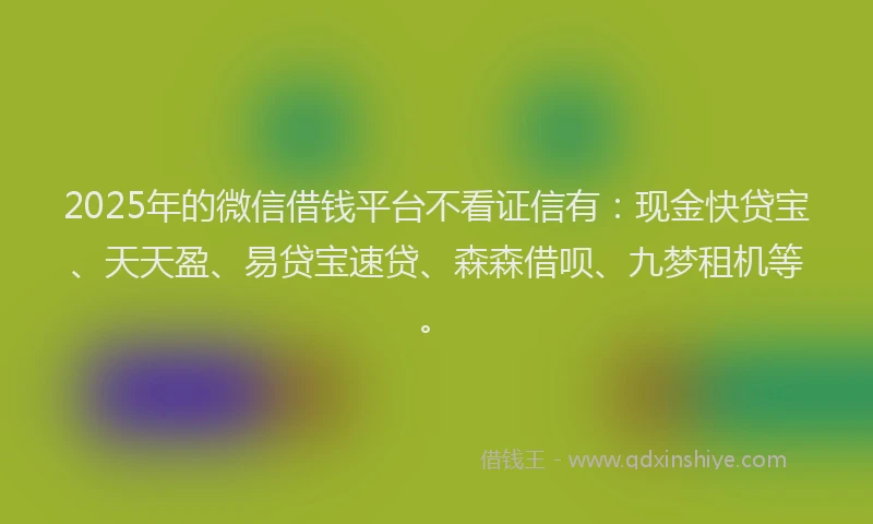2025年的微信借钱平台不看证信有：现金快贷宝、天天盈、易贷宝速贷、森森借呗、九梦租机等。