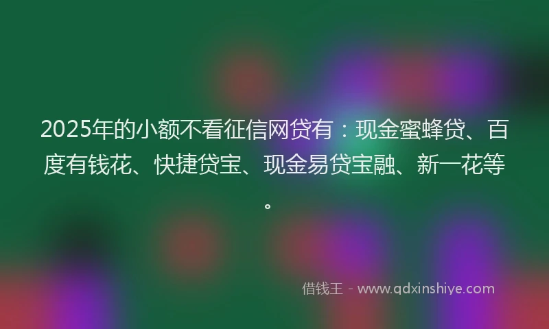 2025年的小额不看征信网贷有：现金蜜蜂贷、百度有钱花、快捷贷宝、现金易贷宝融、新一花等。