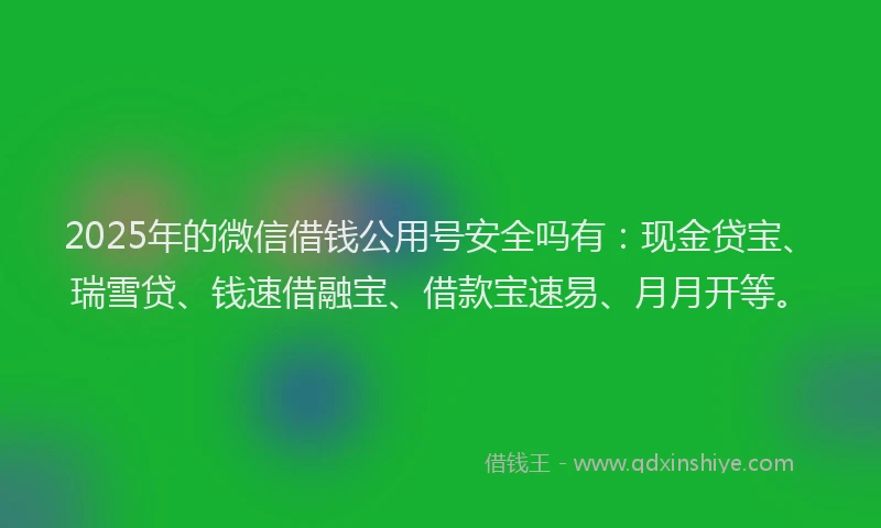 2025年的微信借钱公用号安全吗有：现金贷宝、瑞雪贷、钱速借融宝、借款宝速易、月月开等。